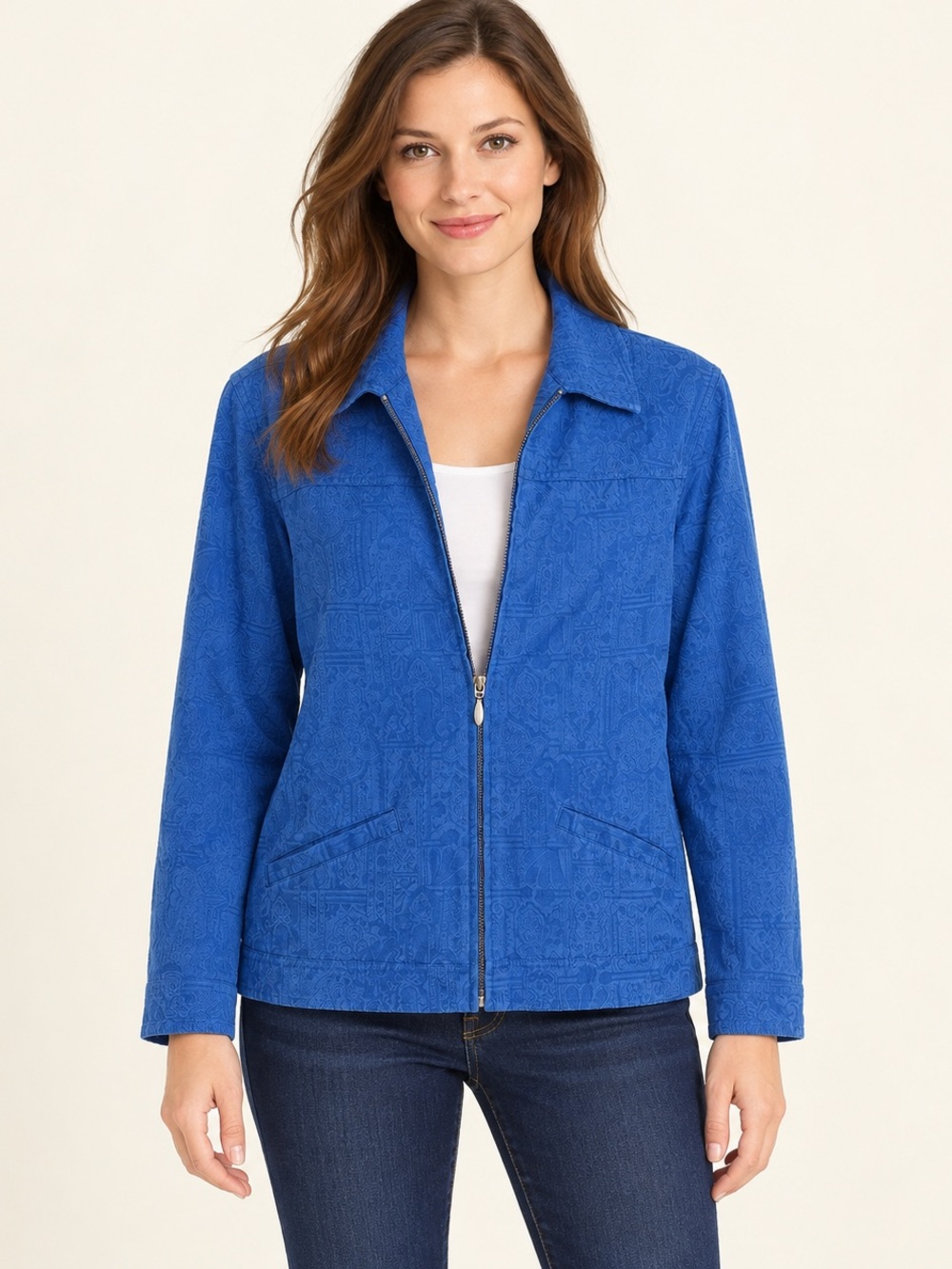 Additions by Chico’s Size 2 Blue Paisley Cotton Linen Blend Zip Front Jacket